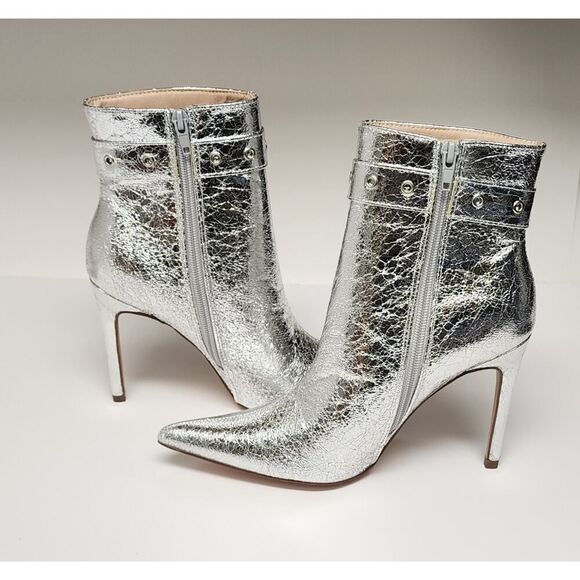 CHASE AND CHLOE Adonis-3 Buckle Pointed Toe Bootie Metallic Silver Size US 6.5 - Picture 4 of 12